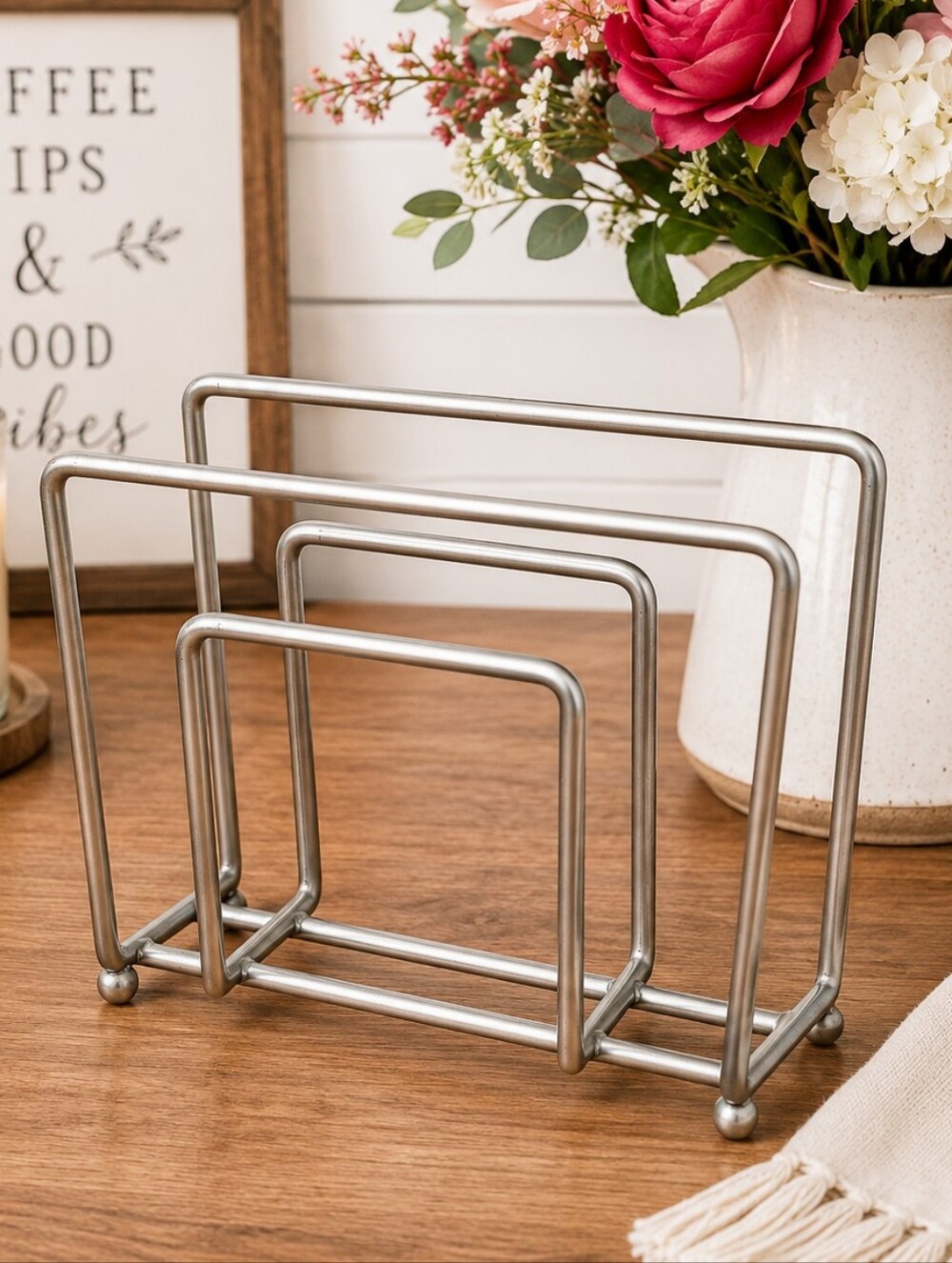 Silver Metal Napkin Holder | Modern Farmhouse Kitchen Organizer | 6" x 5" | EUC - Picture 2 of 7